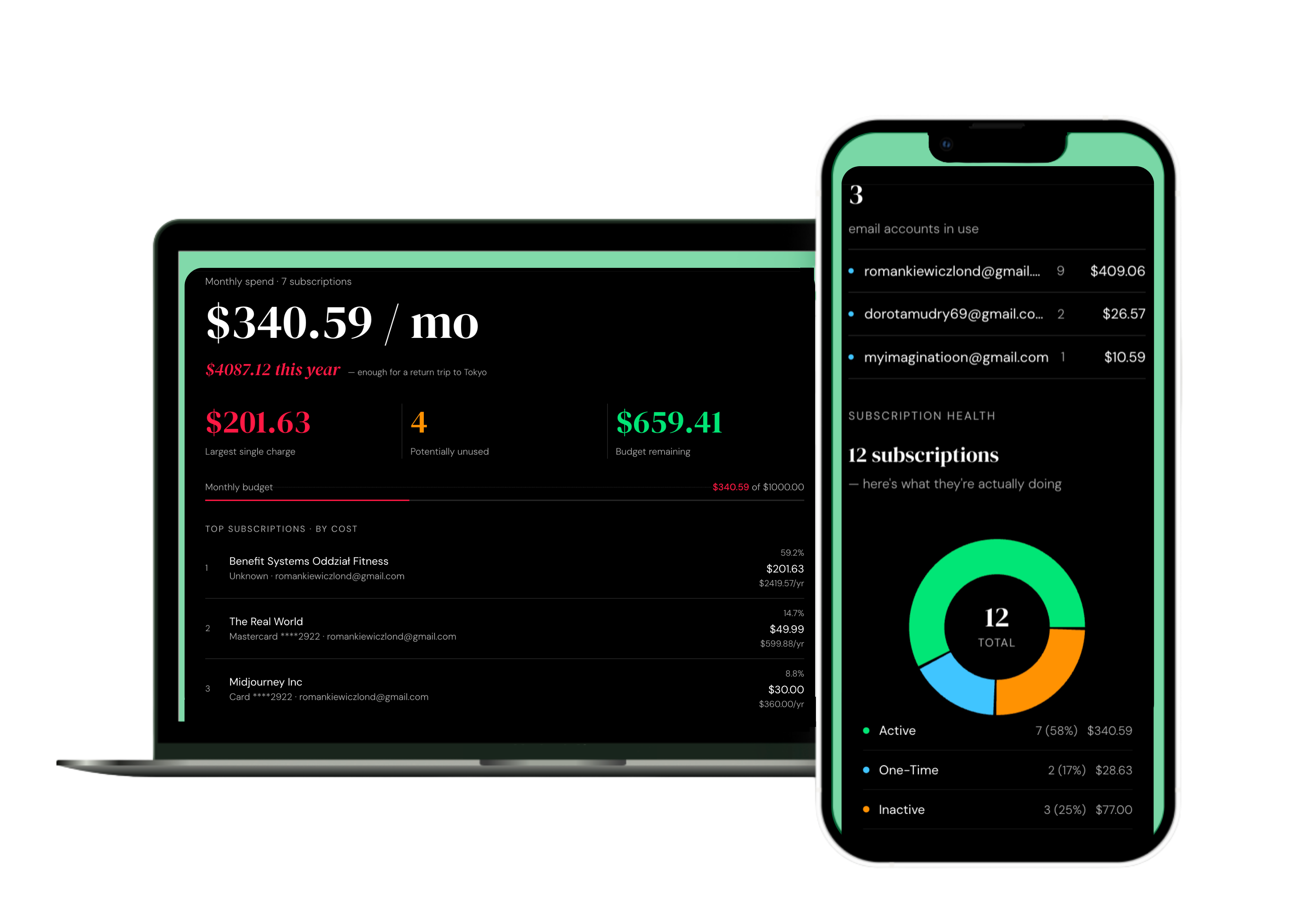 Dashboard showing subscription tracking across desktop and mobile - monthly spend overview with detailed analytics
